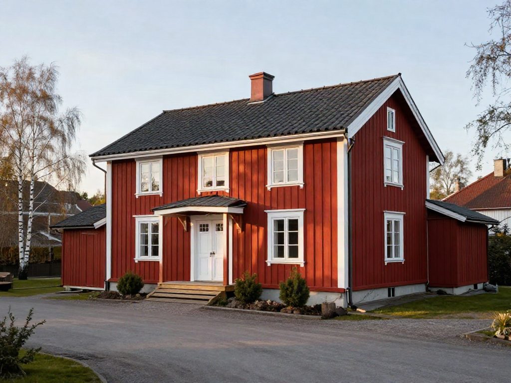 Rödmålad villa i eftermiddagsljus – typisk fastighet för bygg-, el- och solcellsuppdrag