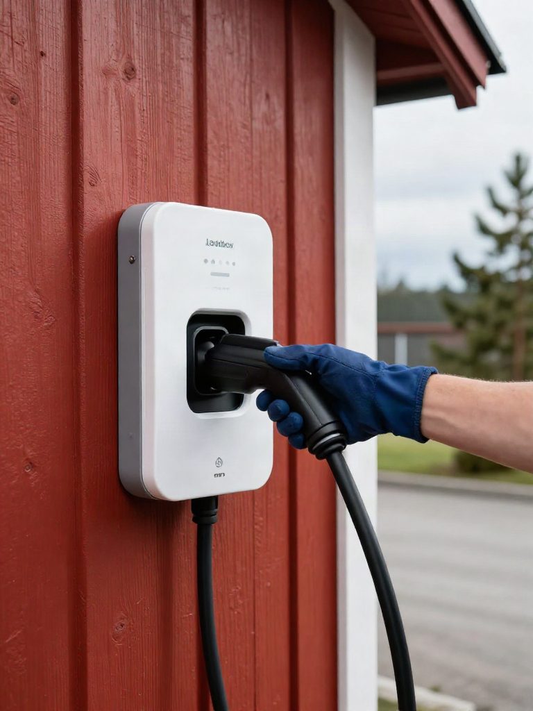 Laddbox monterad på husvägg, redo för elbilsladdning