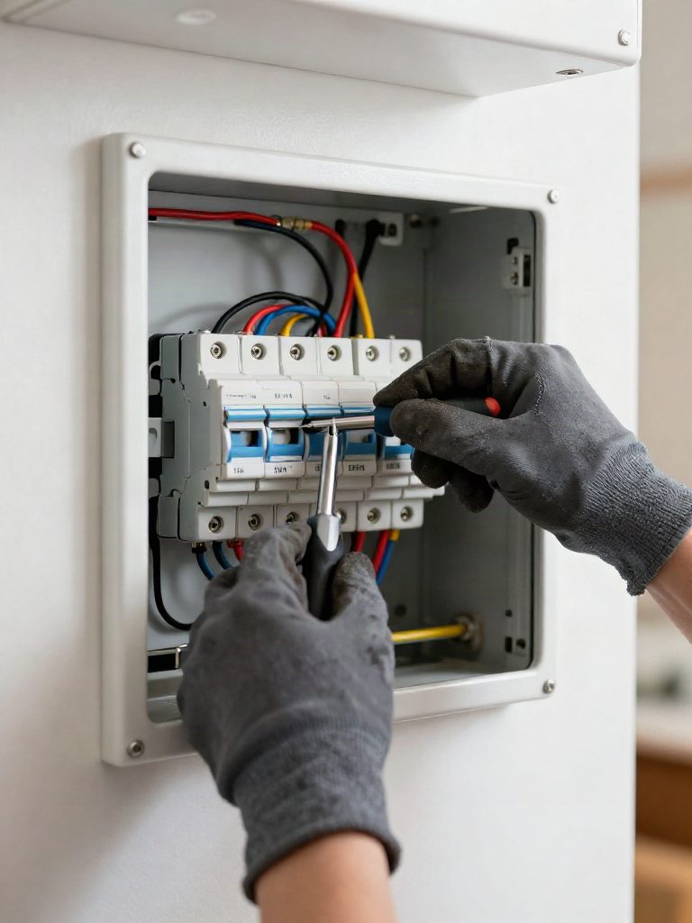 Elektriker arbetar i en elcentral med säkringar och kablage